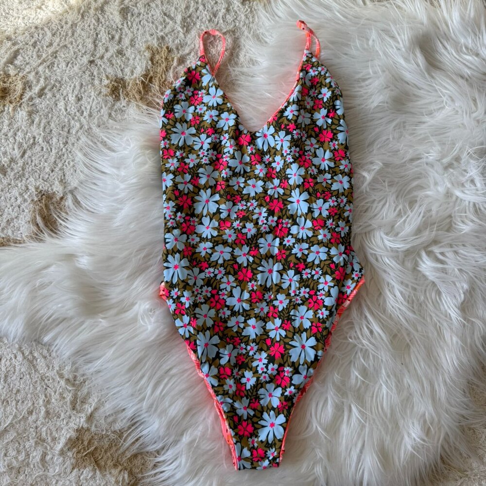 NWT Maaji Floral Coral & Blue One Piece V-Neck Reversible Swimsuit M